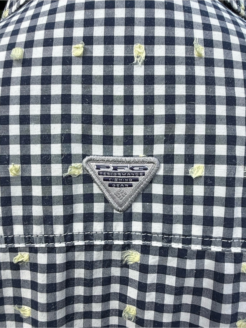 Columbia PFG Gingham Shirt S Yellow Textured Dot Red Accent Buttons Coastal - Picture 7 of 12